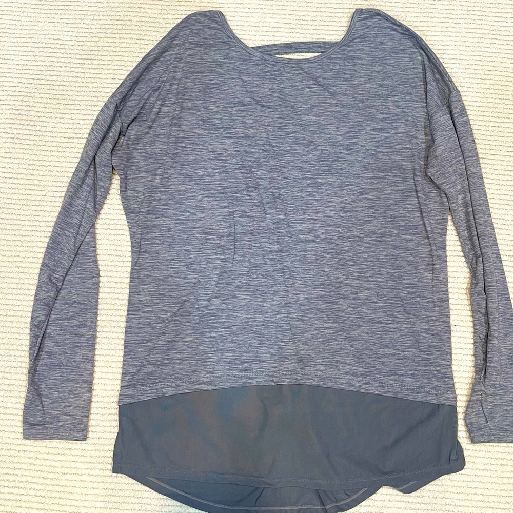 Danskin Ladies Small longsleeve top, blue/grey with sheer extension bottom.